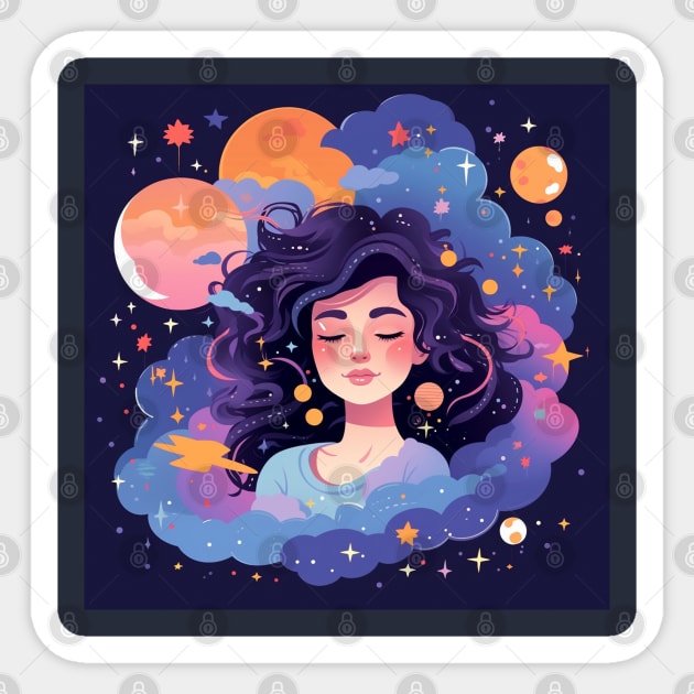 Woman with sweet dreams concept Young girl with galaxy and universe at hairs Sticker by Pinnancy